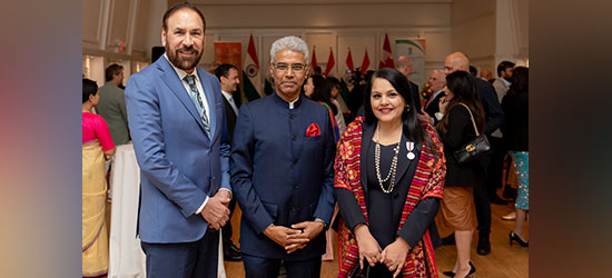  Consul General with Manish with Hon Jagrup Brar, Minister of State for Trade for BC, and Hon Rajan Sawhney, Minister of Trade, Immigration and Multiculturalism, Government of Alberta at 74th Republic Day Reception on 27 January 2023